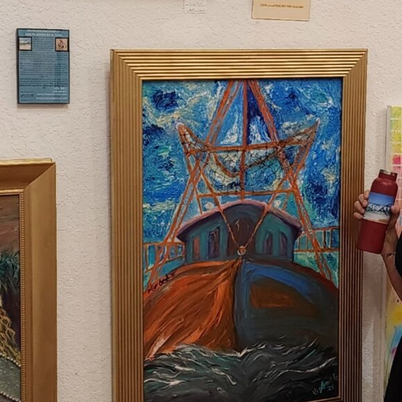 Original Ocean Debris Painting "Miss Carol II" Gold Frame 36 X 24 by Lisa Dill